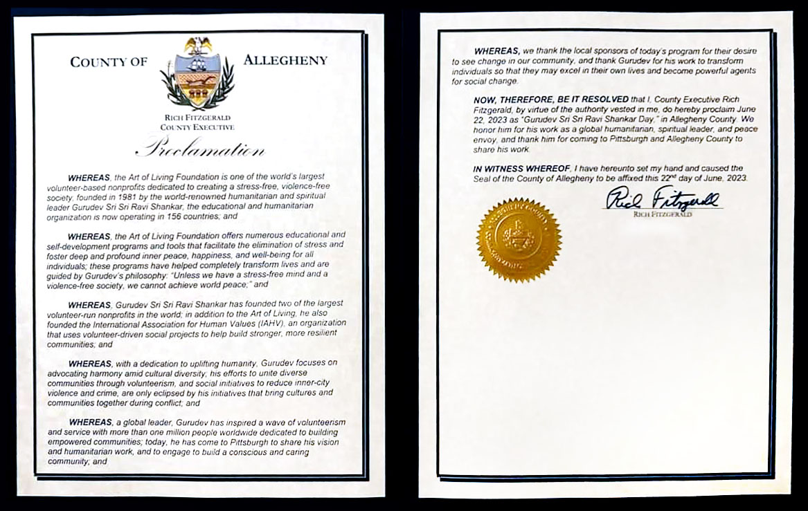 Allegheny County, Pittsburgh, declared June 22, 2023, as Sri Sri Ravi Shankar Day
