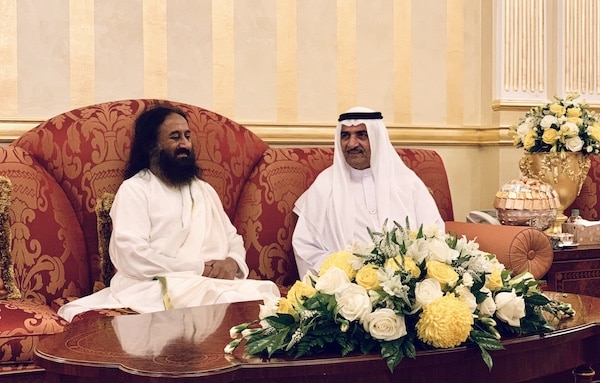 the Ruler of the Emirate of Fujairah received Gurudev and The Art of Living delegation in the royal palace with warmth and hospitality.|Illuminate Peace event speech|Illuminate Peace event standing|Illuminate Peace event|Ahmed Aboul Gheit with Sri Sri Ravi Shankar in UAE 2018|sharjah worker meditation session crowd|sharjah worker meet stage|sharjah worker meet